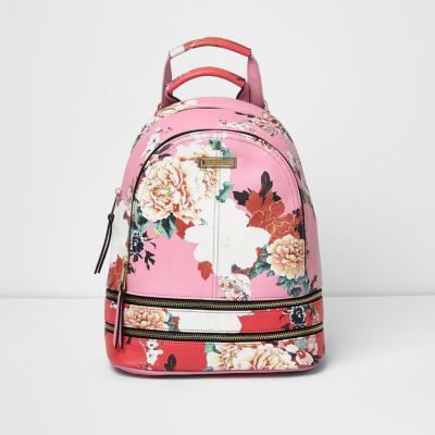 Pink and red floral zip backpack